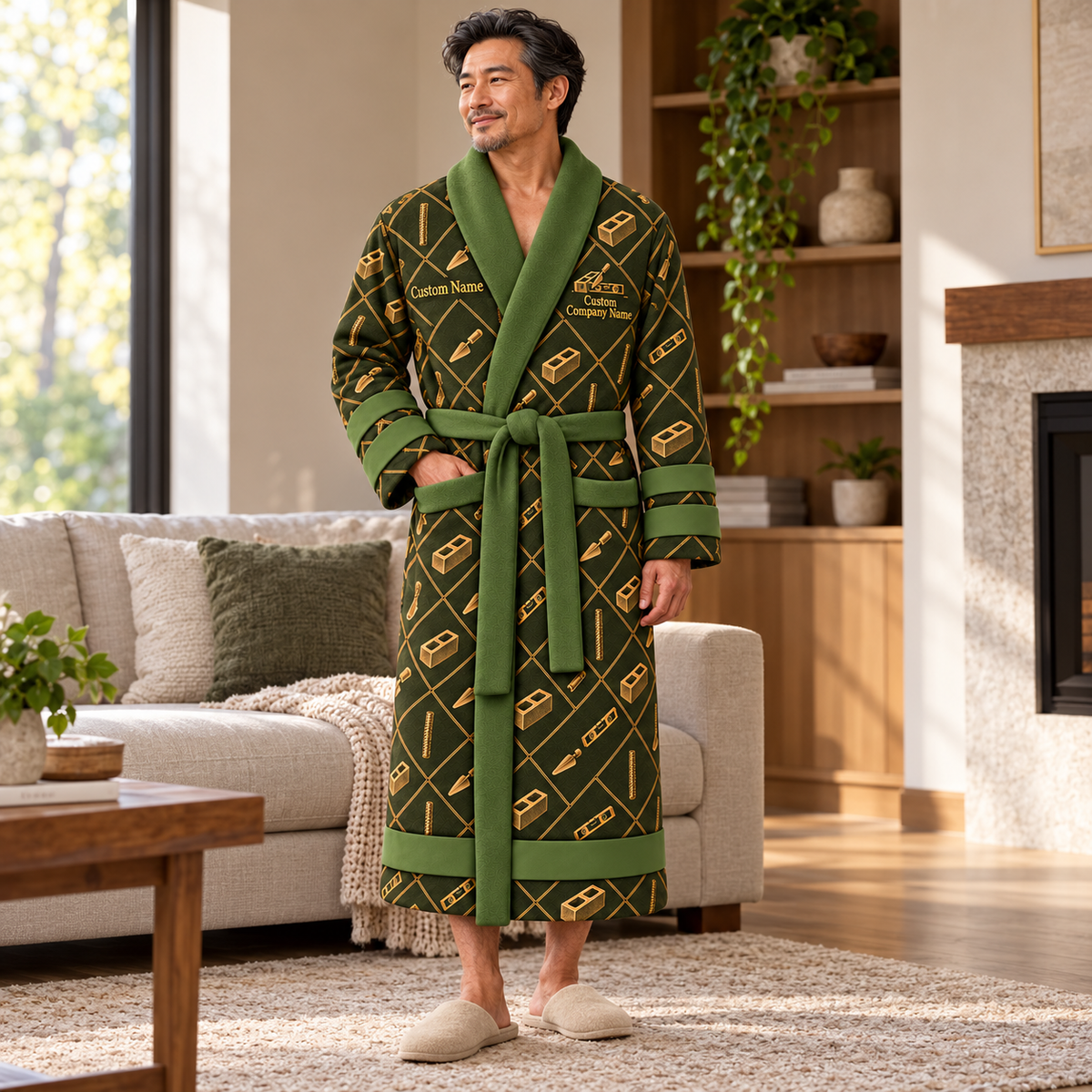 Personalized blockmason Bathrobe diamond emblems Olive lifestyle
