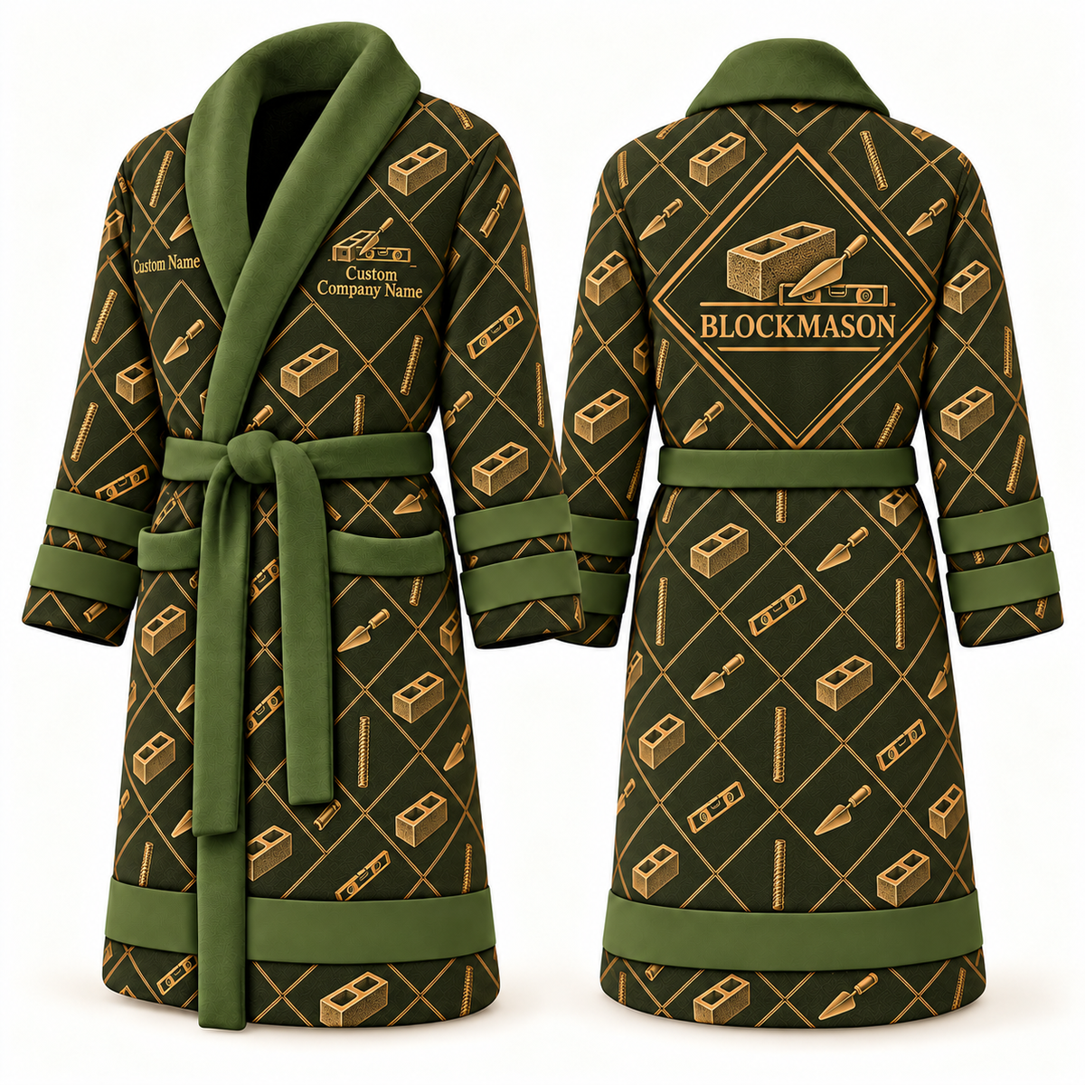 Personalized blockmason Bathrobe diamond emblems olive front and back