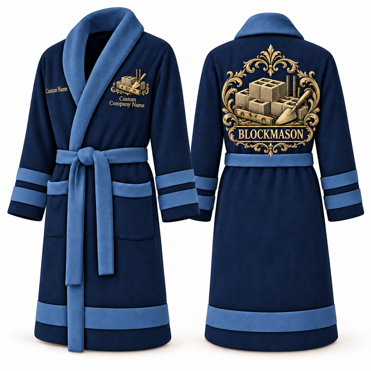 Personalized blockmason Bathrobe heritage crest blue front and back