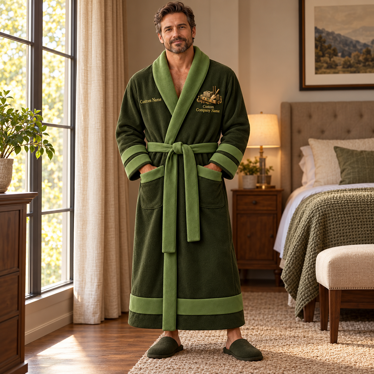 Personalized blockmason Bathrobe heritage crest Olive lifestyle