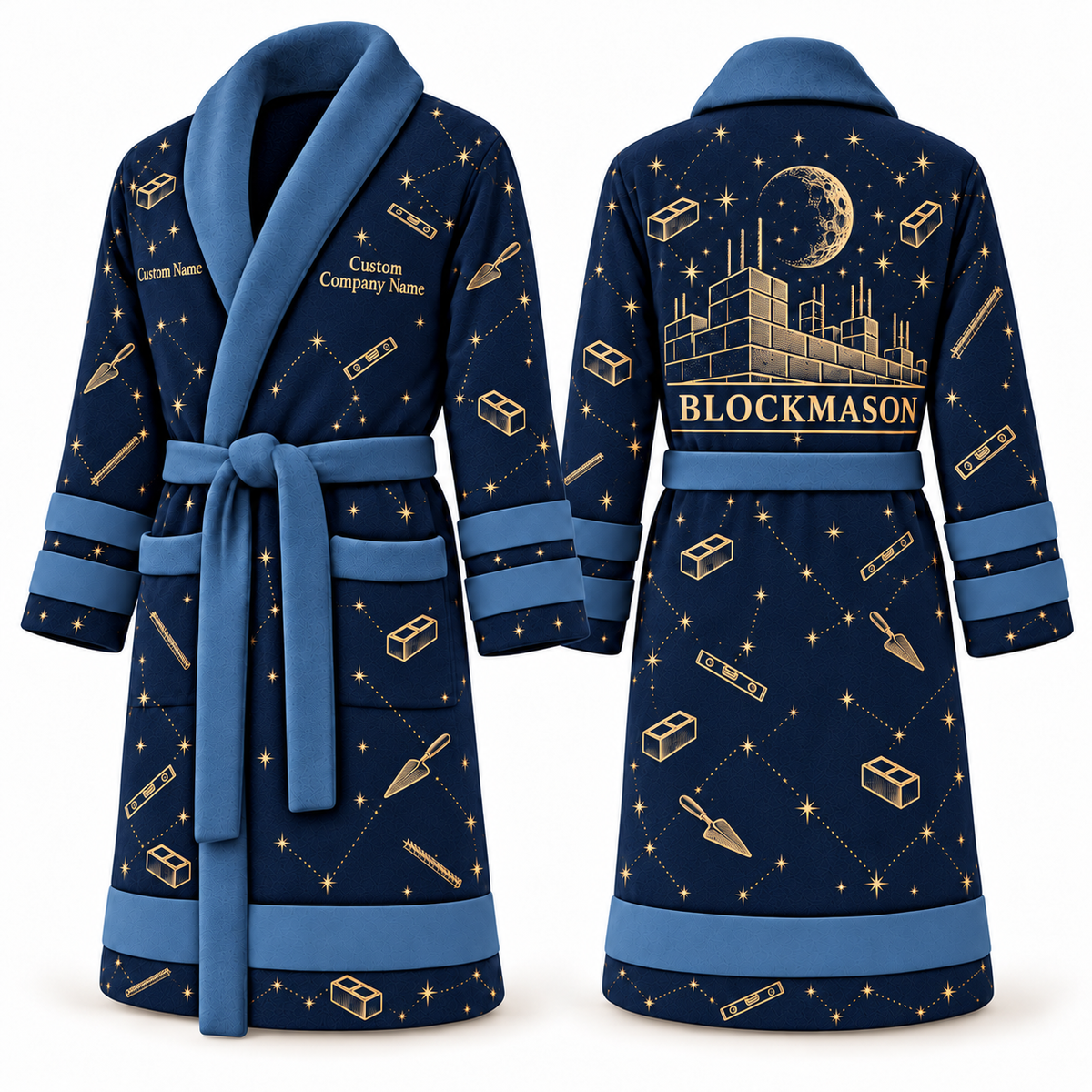 Personalized Blockmason Bathrobe night shift blue front and back