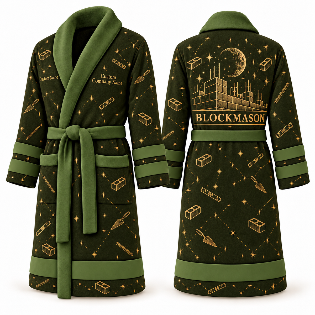 Personalized Blockmason Bathrobe night shift olive front and back