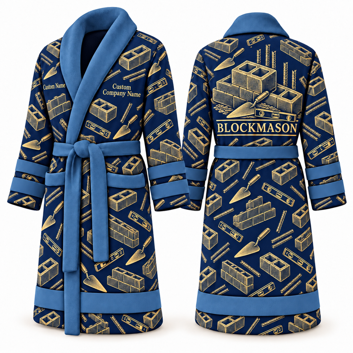 Personalized blockmason Bathrobe occupational emblems blue front and back