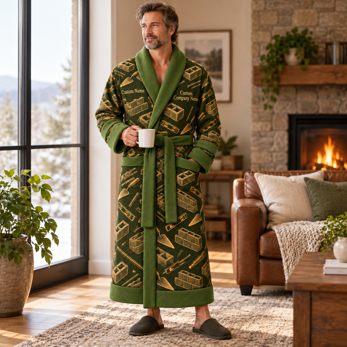 Personalized blockmason Bathrobe occupational emblems Olive lifestyle