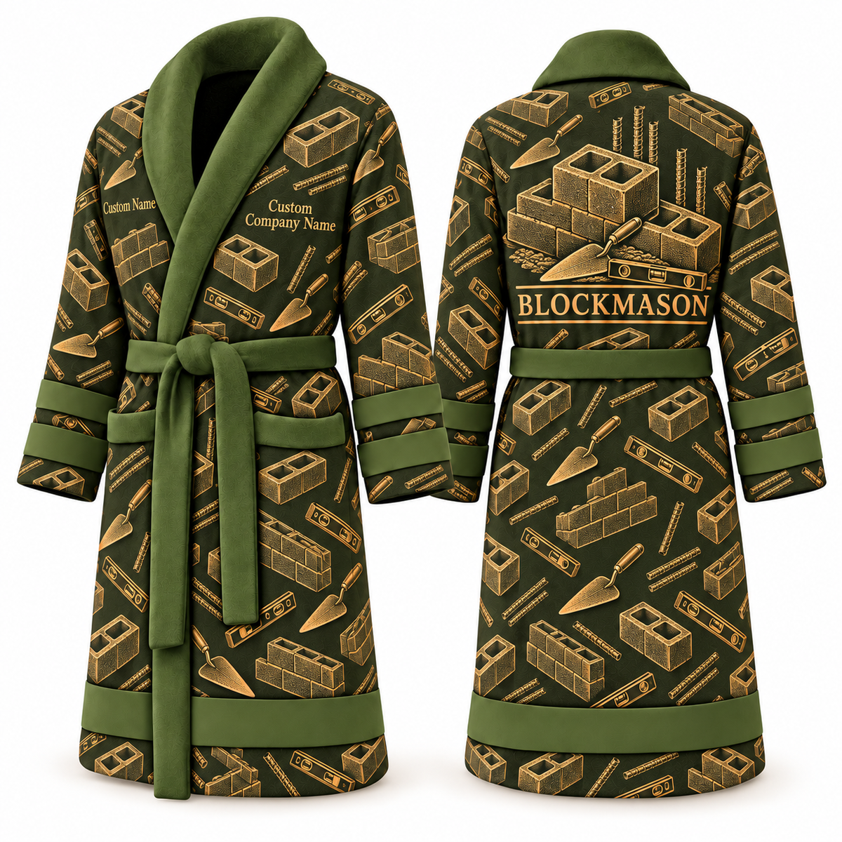 Personalized blockmason Bathrobe occupational emblems olive front and back