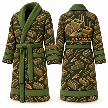 Personalized blockmason Bathrobe occupational emblems olive front and back