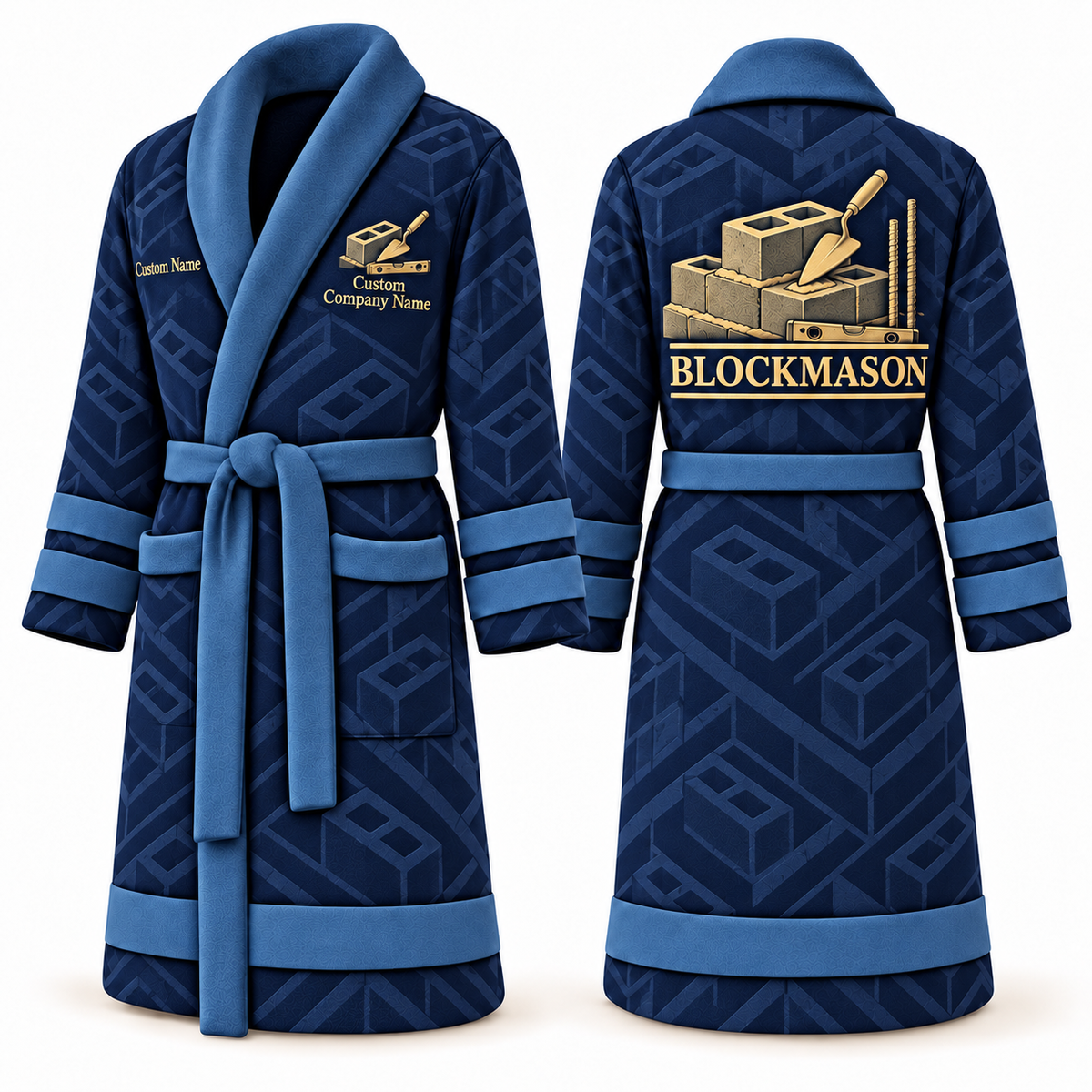 Personalized Blockmason Bathrobe signature silhouette blue front and back