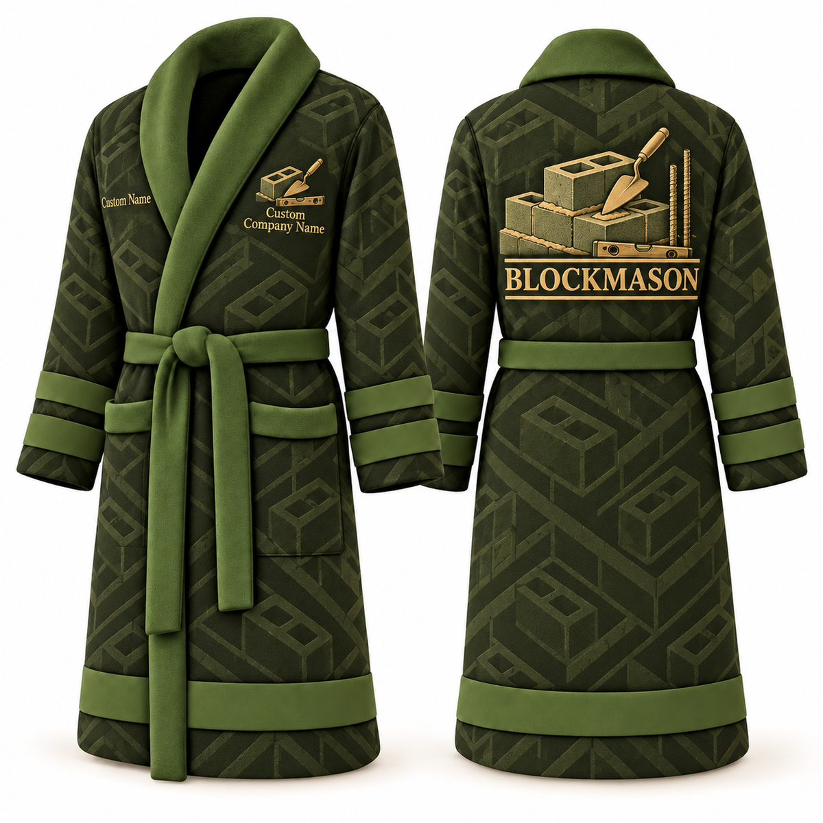 Personalized Blockmason Bathrobe signature silhouette olive front and back