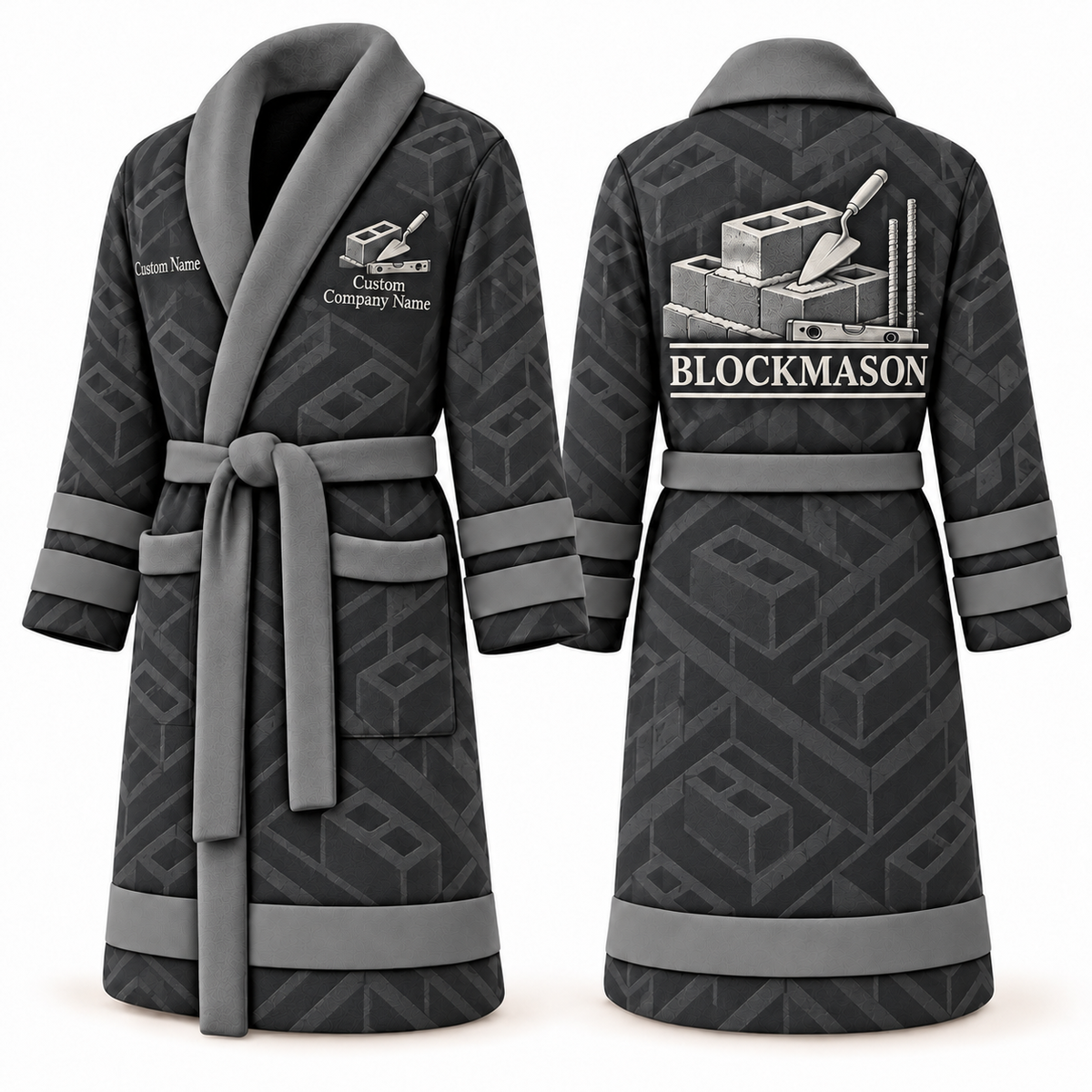 Personalized Blockmason Bathrobe signature silhouette slate front and back