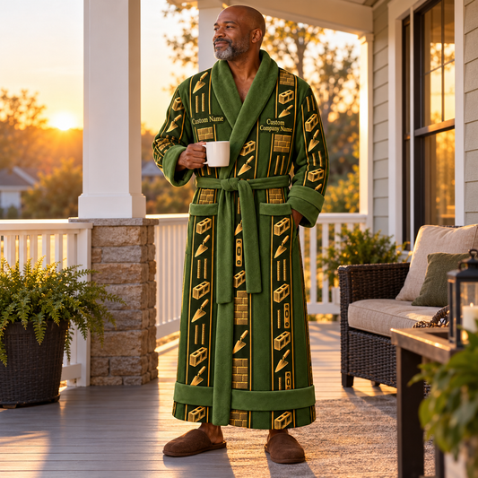 Personalized Blockmason Bathrobe workbench stripes Olive lifestyle