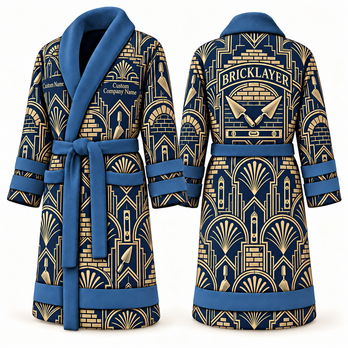 Personalized bricklayer Bathrobe art deco craft blue front and back