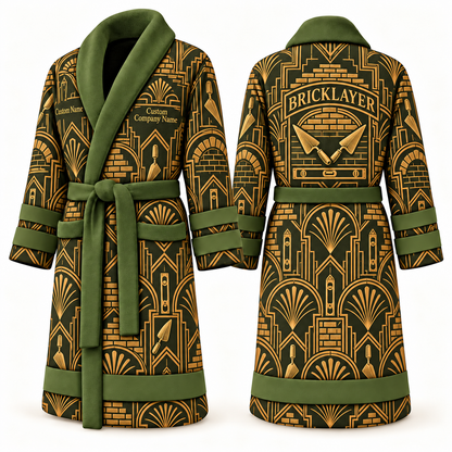 Personalized bricklayer Bathrobe art deco craft olive front and back