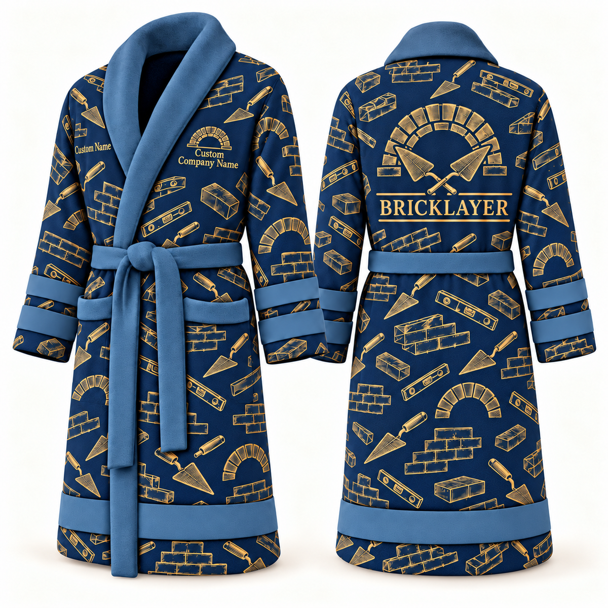 Personalized Bricklayer Bathrobe Occupational Emblems blue front and back views