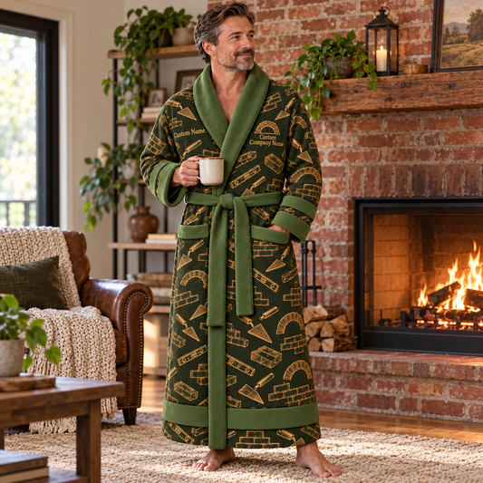 Personalized Bricklayer Bathrobe Occupational Emblems Olive lifestyle view