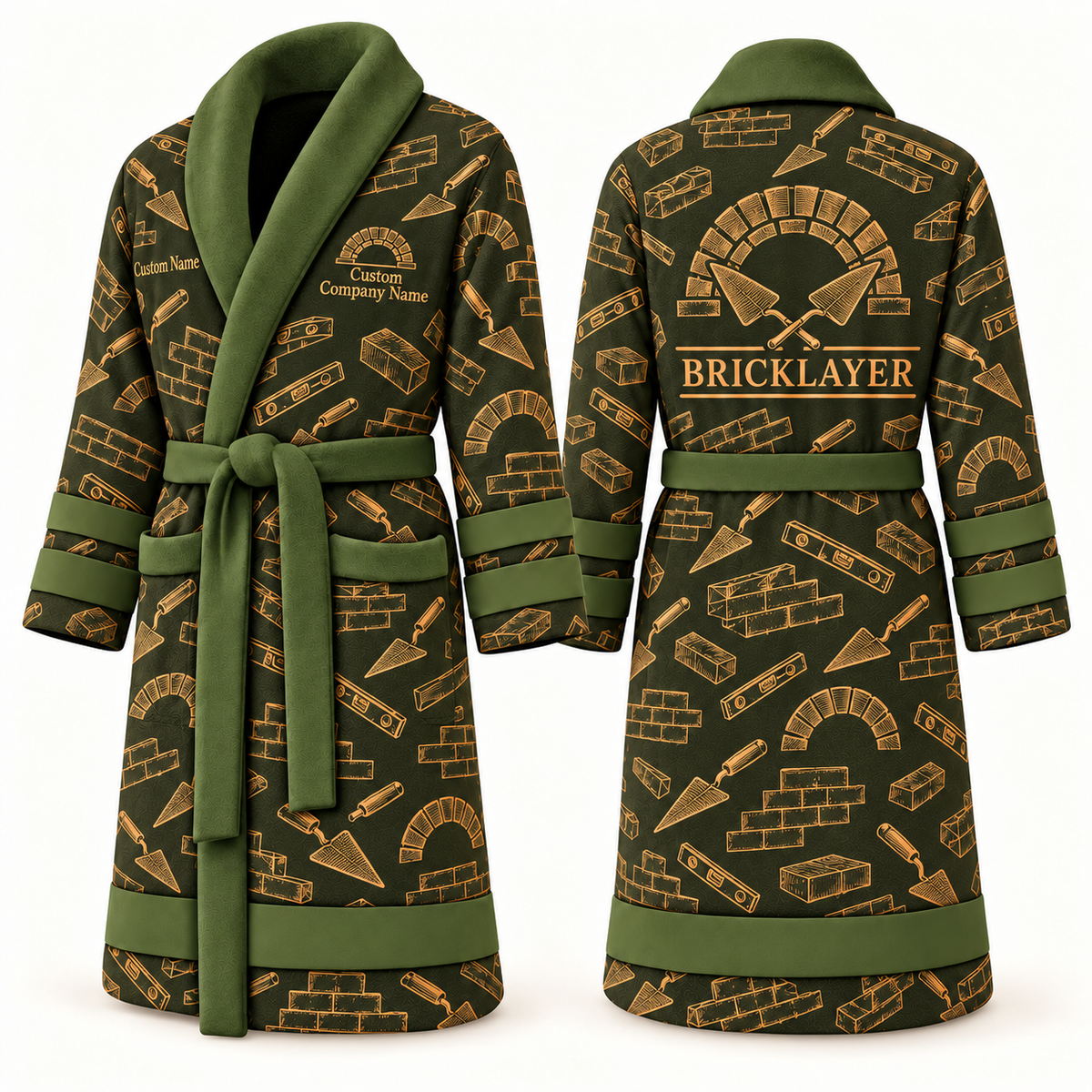 Personalized Bricklayer Bathrobe Occupational Emblems olive front and back views