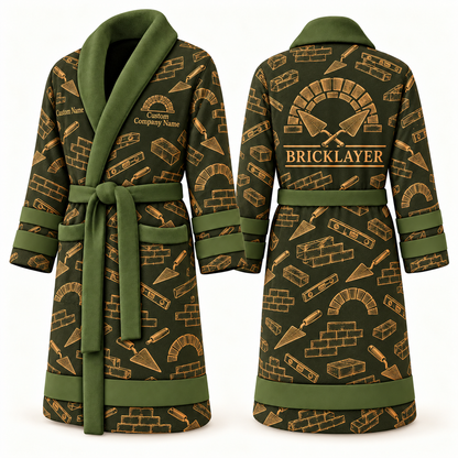 Personalized Bricklayer Bathrobe Occupational Emblems olive front and back views