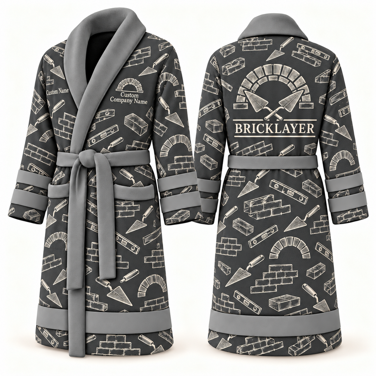 Personalized Bricklayer Bathrobe Occupational Emblems slate front and back views