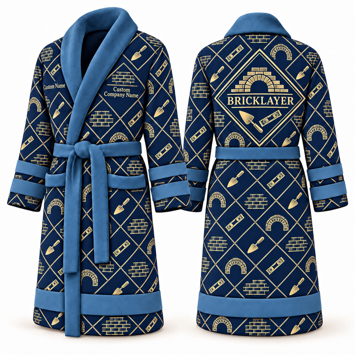 Personalized bricklayer Bathrobe diamond emblems blue front and back