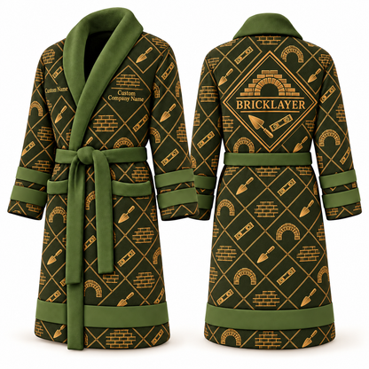 Personalized bricklayer Bathrobe diamond emblems olive front and back