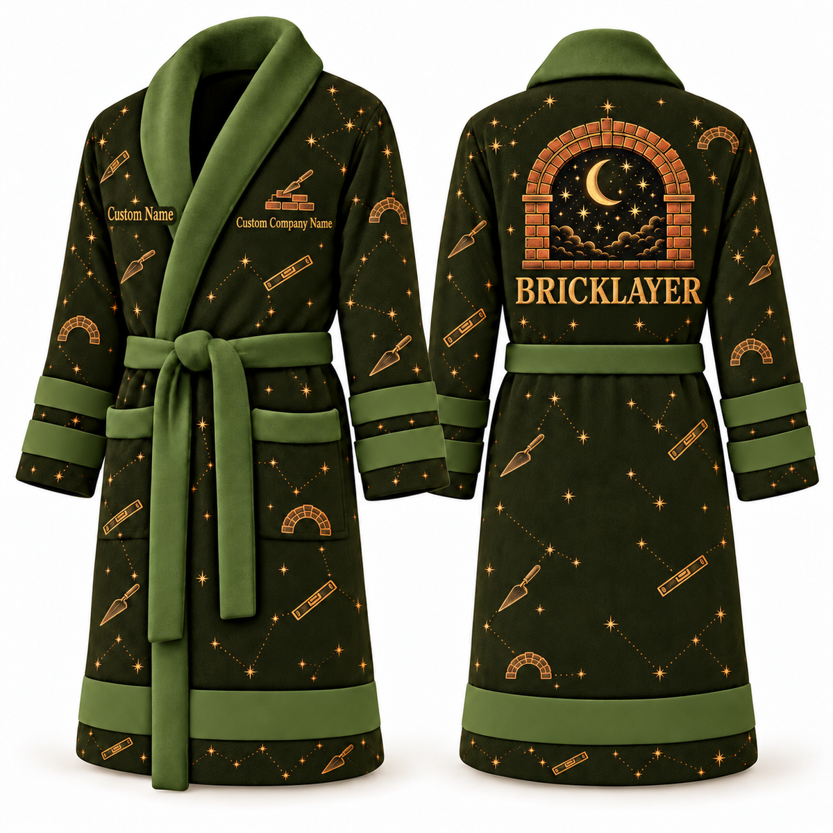 Personalized Bricklayer Bathrobe night shift olive front and back