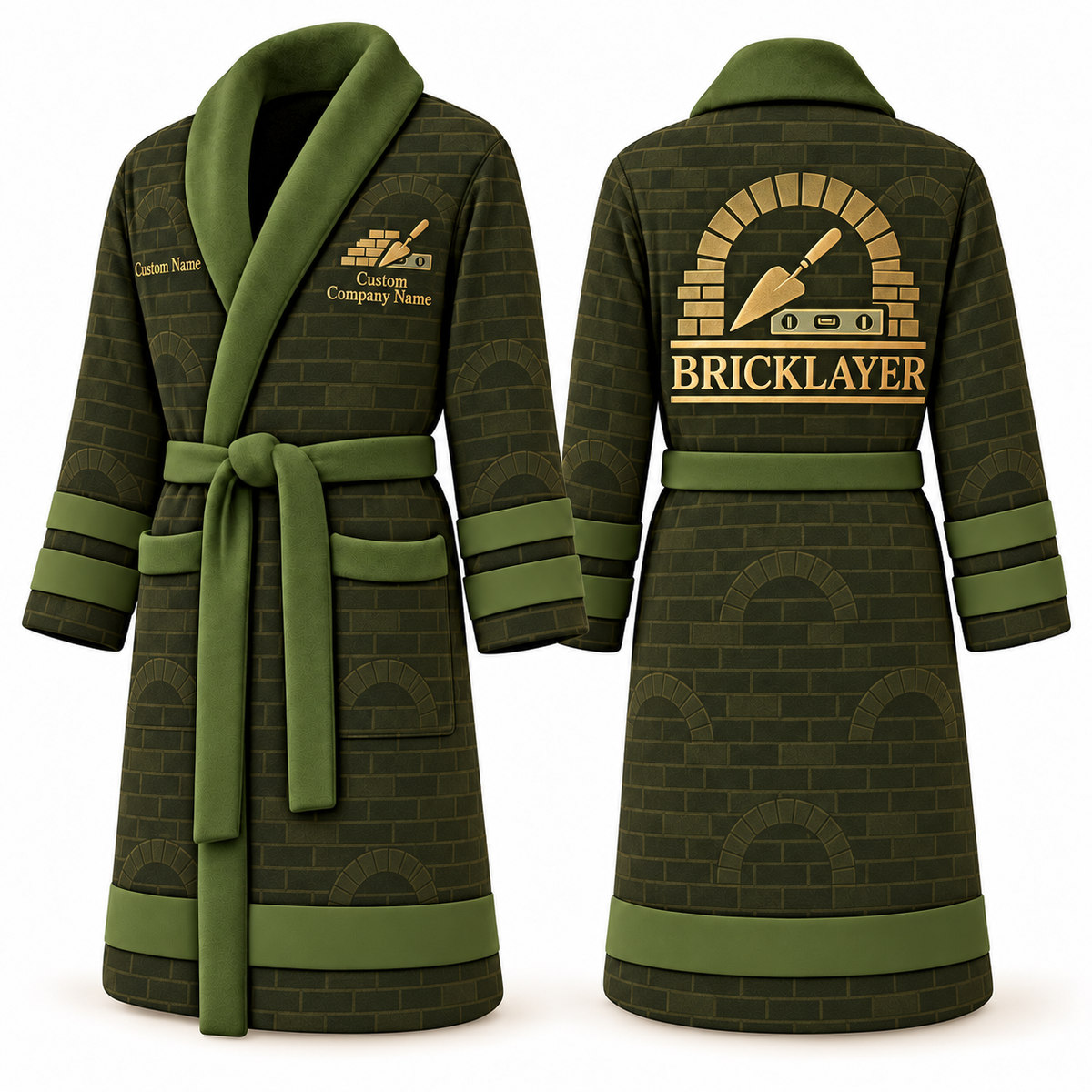 Personalized Bricklayer Bathrobe signature silhouette olive front and back