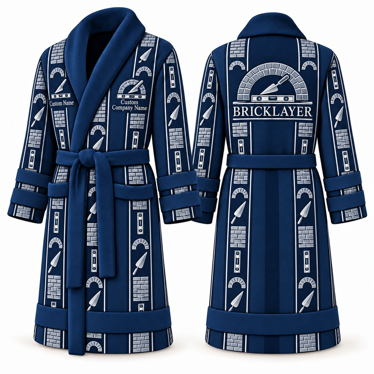 Personalized bricklayer Bathrobe workbench stripes blue front and back