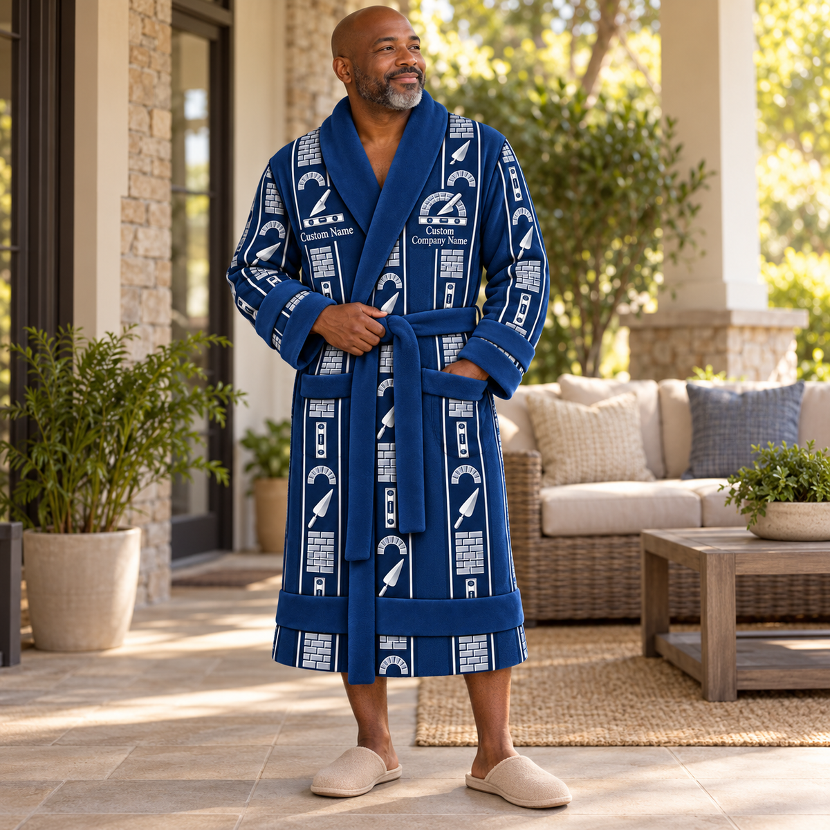 Personalized bricklayer Bathrobe workbench stripes Blue lifestyle