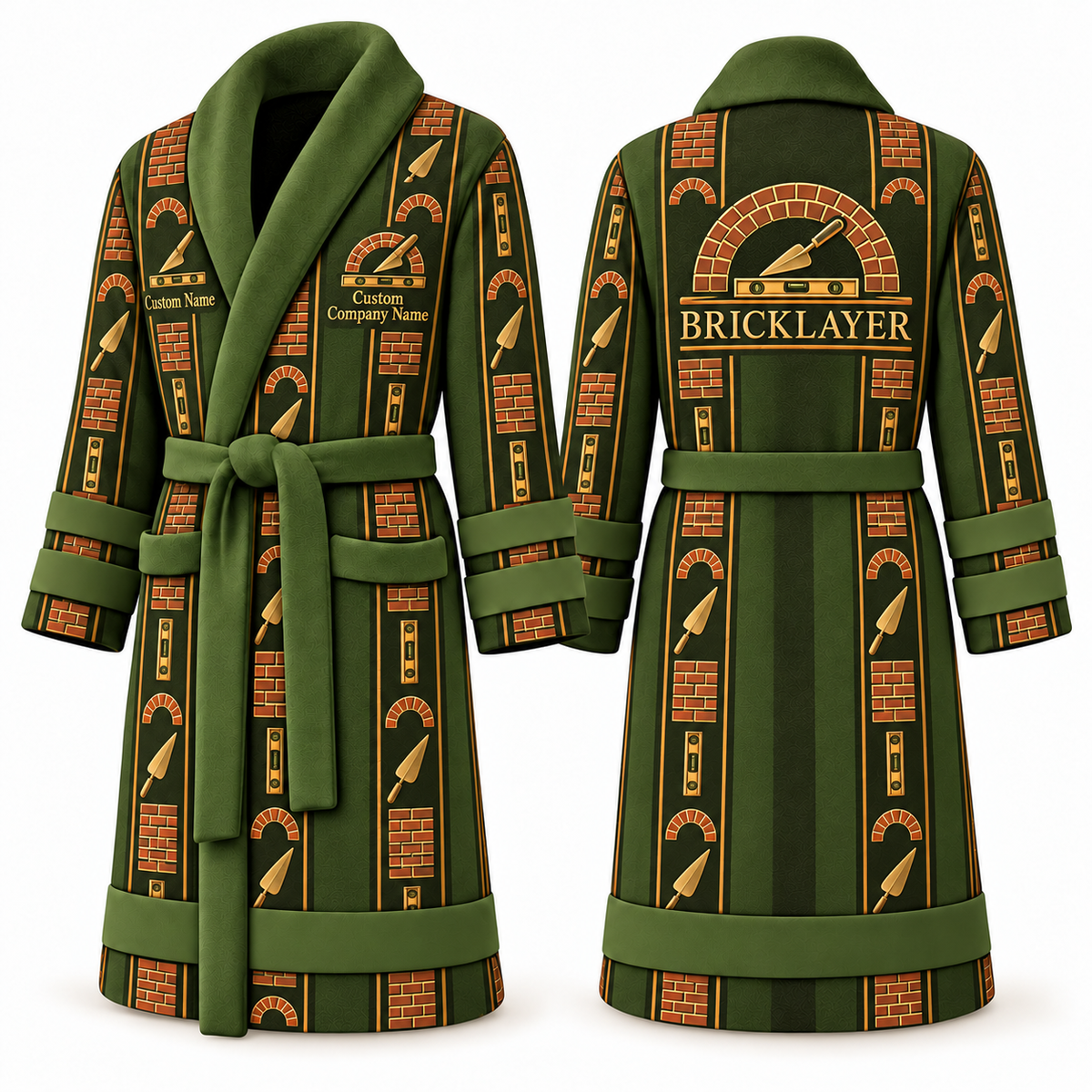 Personalized bricklayer Bathrobe workbench stripes olive front and back