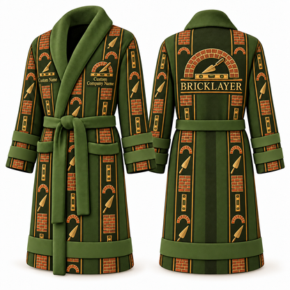 Personalized bricklayer Bathrobe workbench stripes olive front and back