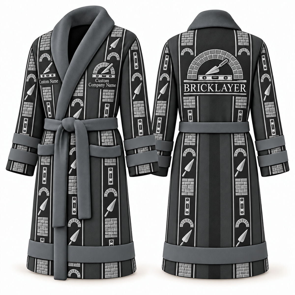 Personalized bricklayer Bathrobe workbench stripes slate front and back
