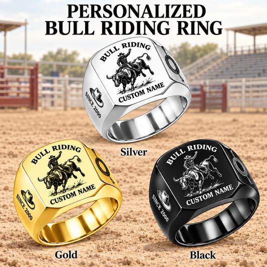 Bull Riding Classic Emblem personalized ring advertisement showing Silver, Gold and Black rings with CUSTOM NAME and SINCE 2000 on a bull riding-themed background