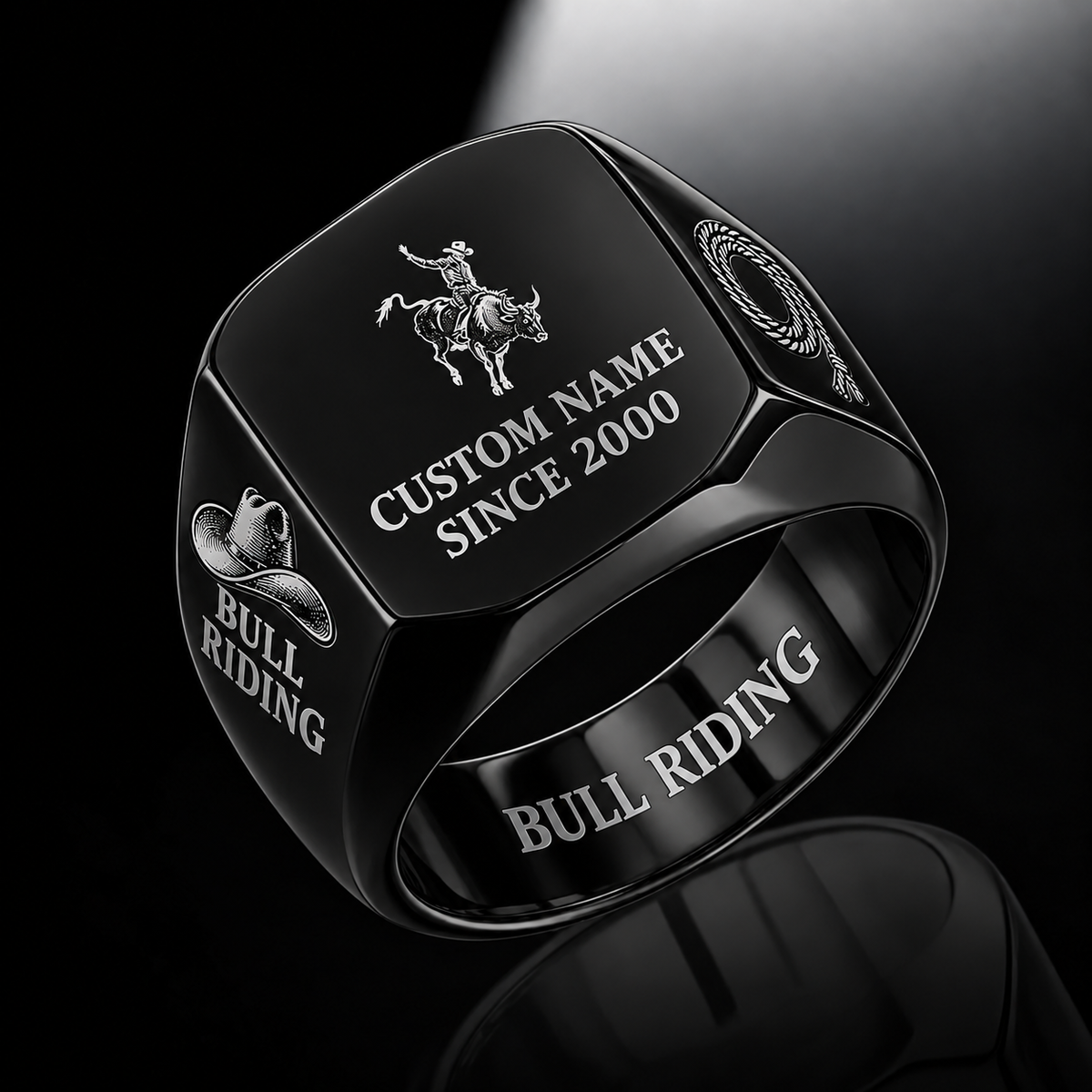 Bull Riding Signature Crest ring in Black, showing CUSTOM NAME and SINCE 2000