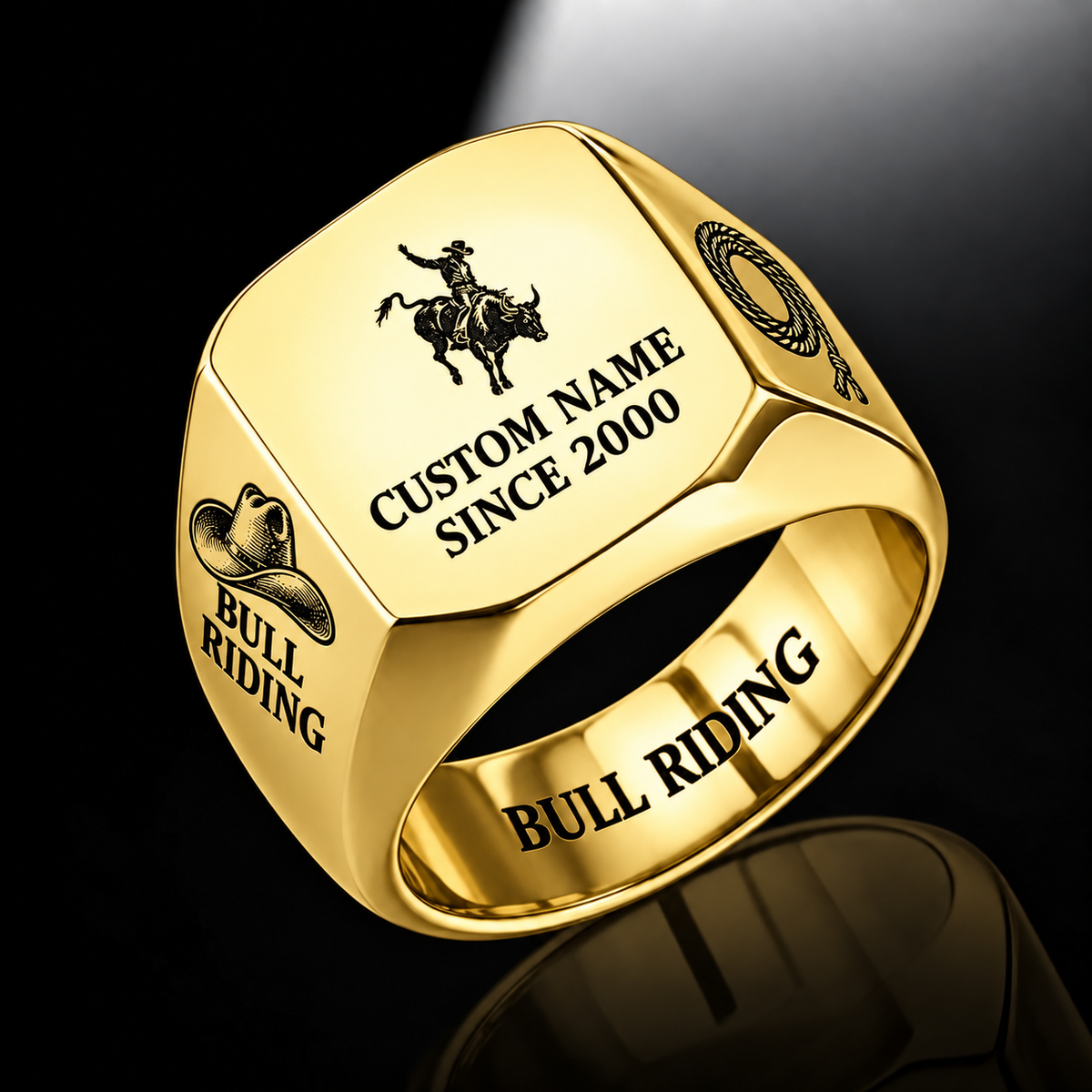Bull Riding Signature Crest ring in Gold, showing CUSTOM NAME and SINCE 2000