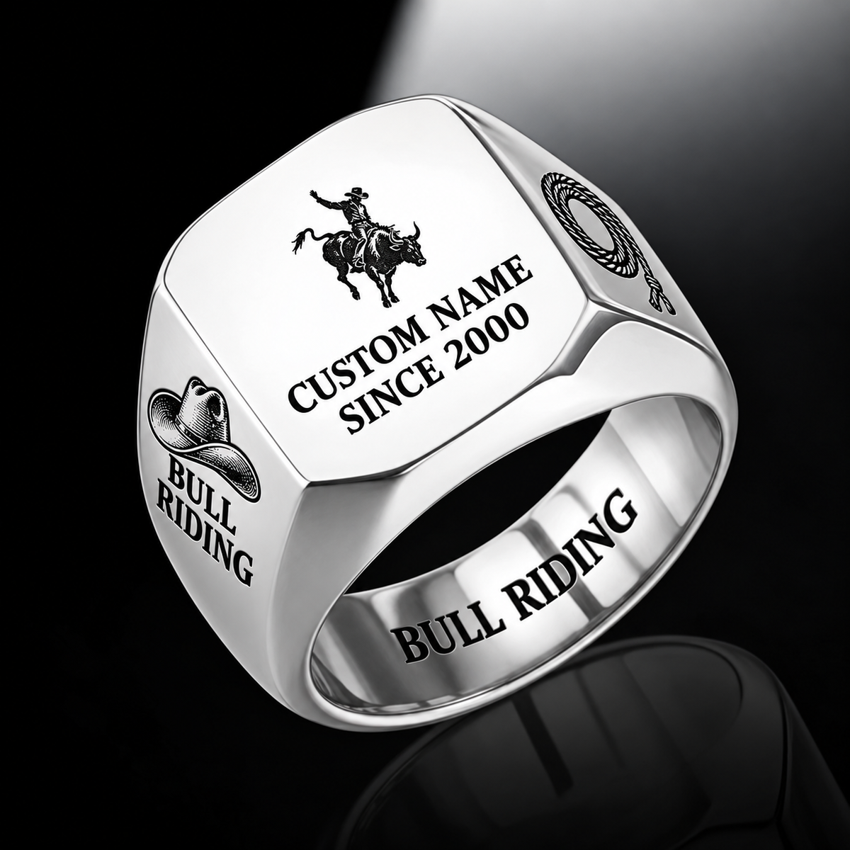 Bull Riding Signature Crest ring in Silver, showing CUSTOM NAME and SINCE 2000