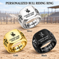 Bull Riding Signature Crest personalized ring advertisement showing Silver, Gold and Black rings with CUSTOM NAME and SINCE 2000 on a bull riding-themed background
