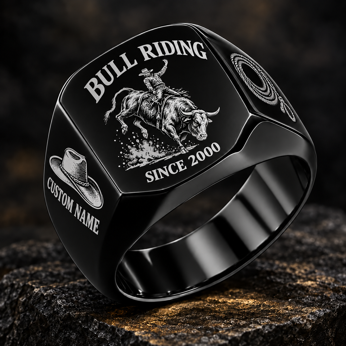 Bull Riding Heritage Emblem ring in Black, showing CUSTOM NAME and SINCE 2000