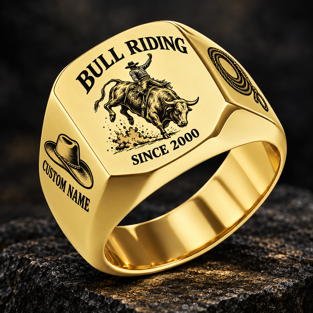 Bull Riding Heritage Emblem ring in Gold, showing CUSTOM NAME and SINCE 2000