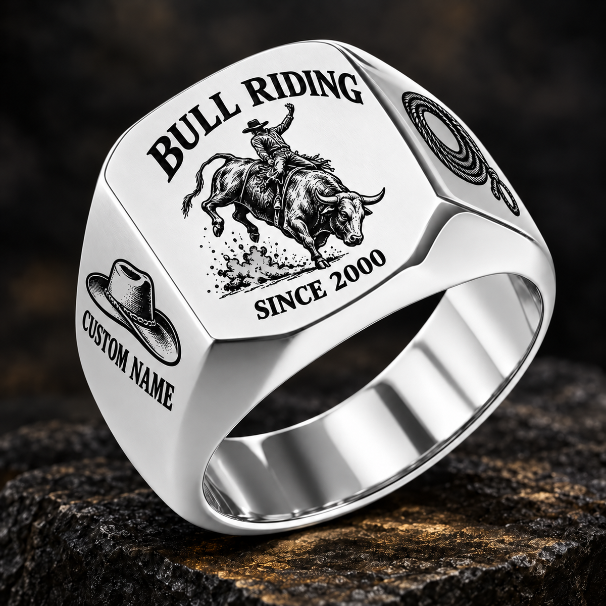 Bull Riding Heritage Emblem ring in Silver, showing CUSTOM NAME and SINCE 2000
