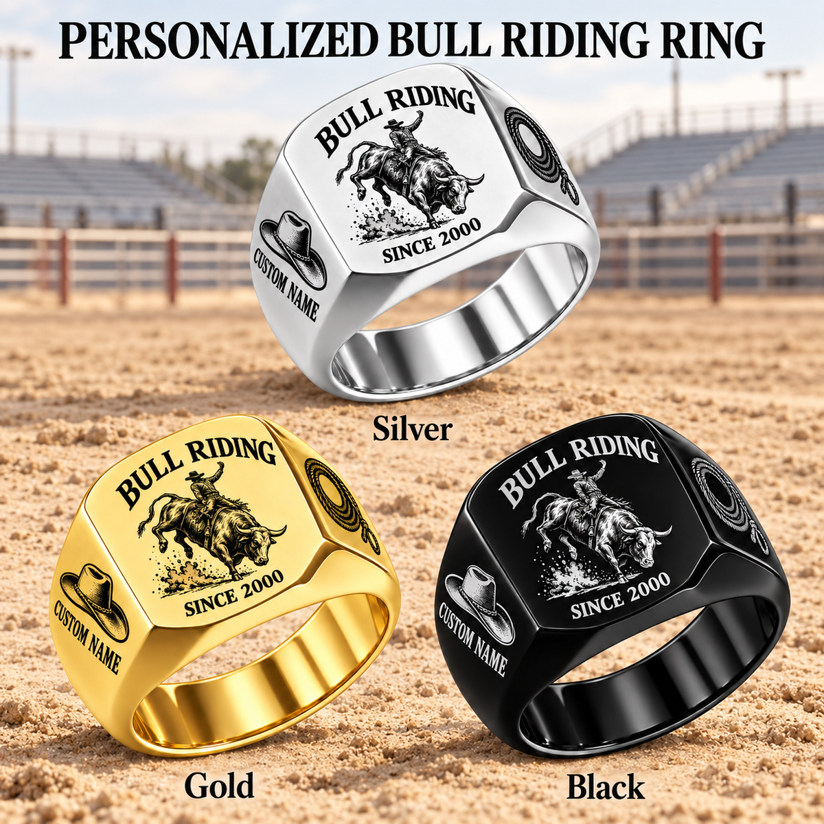 Bull Riding Heritage Emblem personalized ring advertisement showing Silver, Gold and Black rings with CUSTOM NAME and SINCE 2000 on a bull riding-themed background