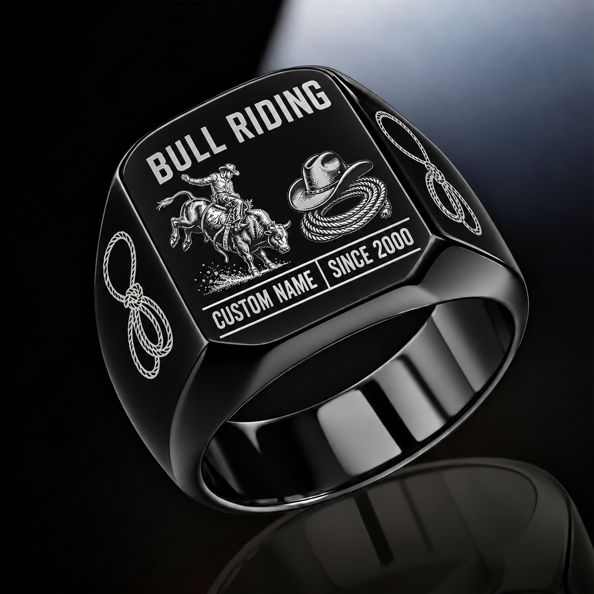 Bull Riding Twin Icons ring in Black, showing CUSTOM NAME and SINCE 2000