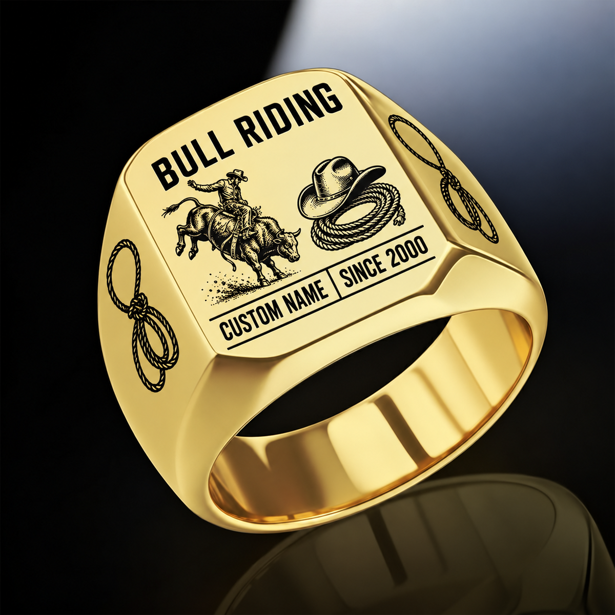 Bull Riding Twin Icons ring in Gold, showing CUSTOM NAME and SINCE 2000