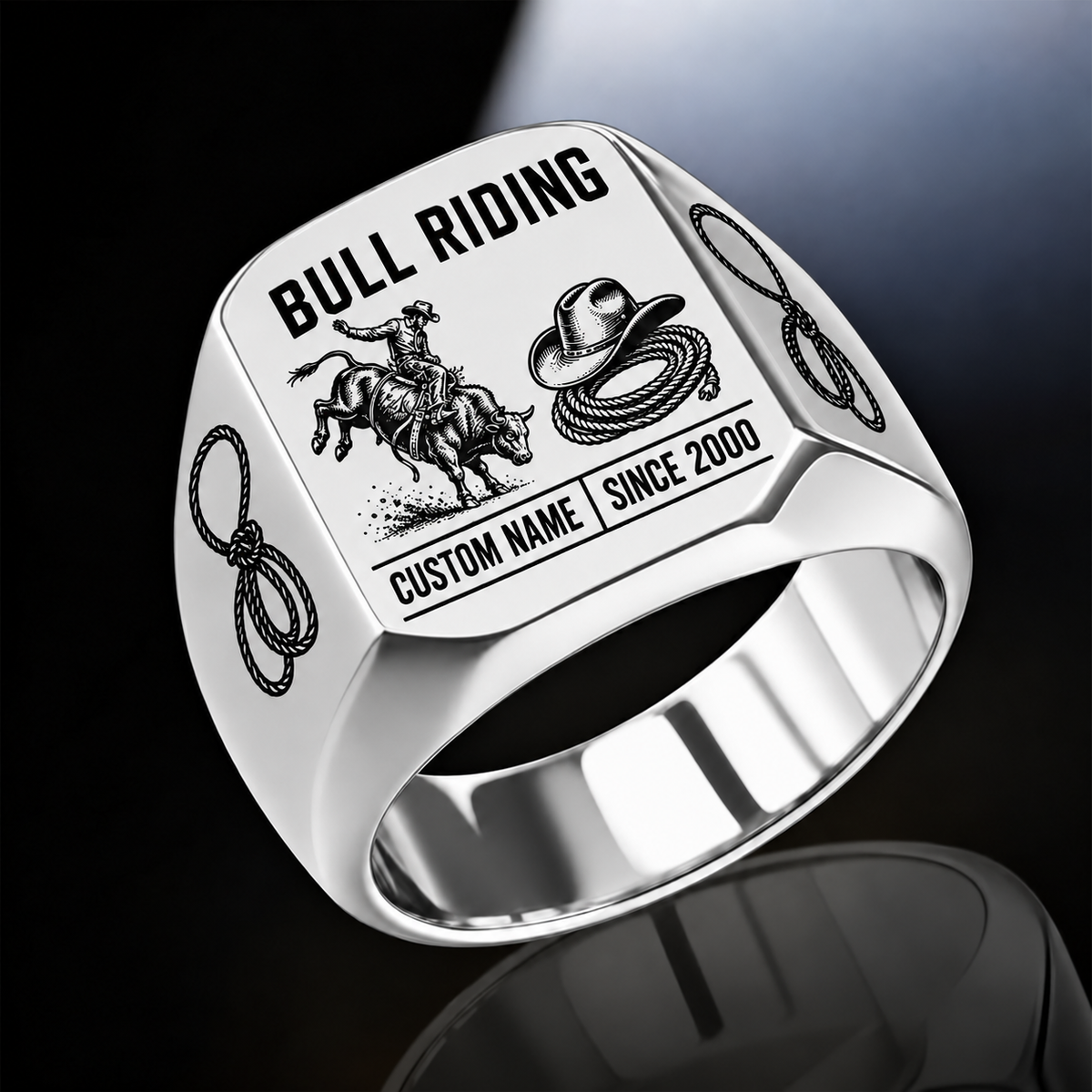 Bull Riding Twin Icons ring in Silver, showing CUSTOM NAME and SINCE 2000
