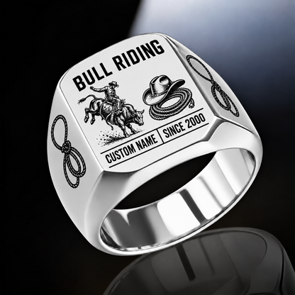 Bull Riding Twin Icons ring in Silver, showing CUSTOM NAME and SINCE 2000