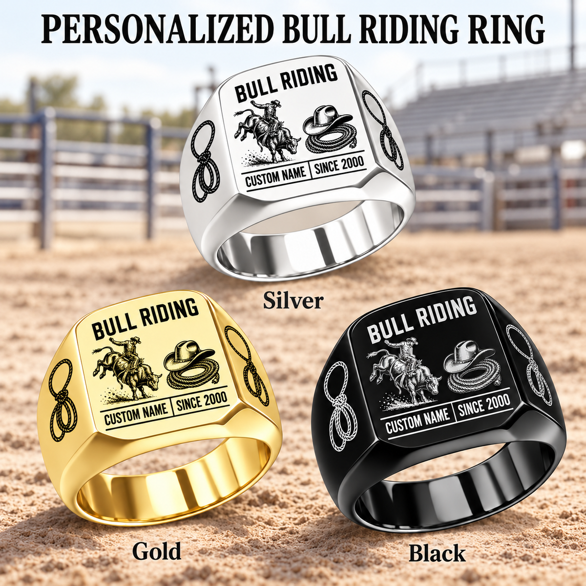 Bull Riding Twin Icons personalized ring advertisement showing Silver, Gold and Black rings with CUSTOM NAME and SINCE 2000 on a bull riding-themed background
