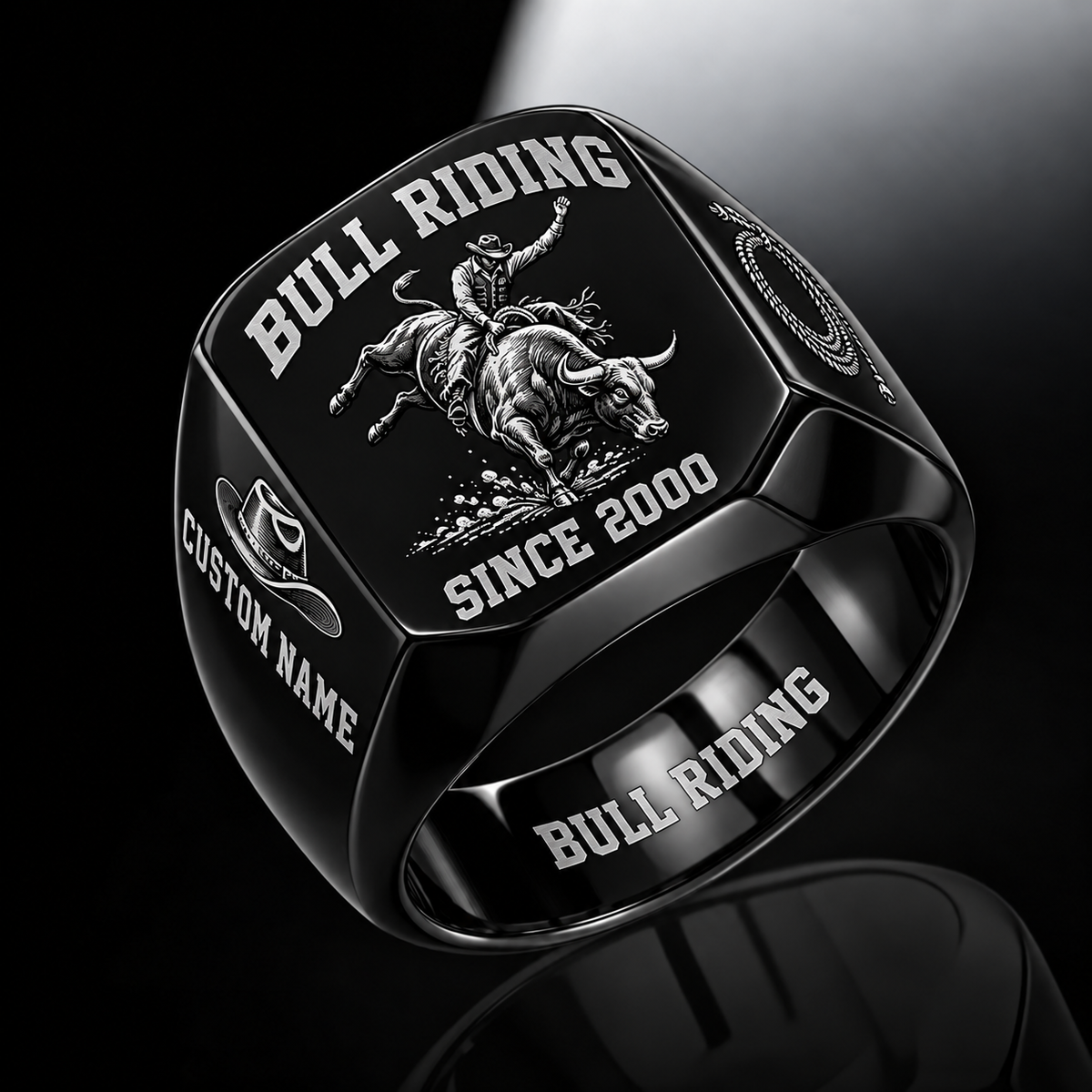 Bull Riding Bold Lettering ring in Black, showing CUSTOM NAME and SINCE 2000