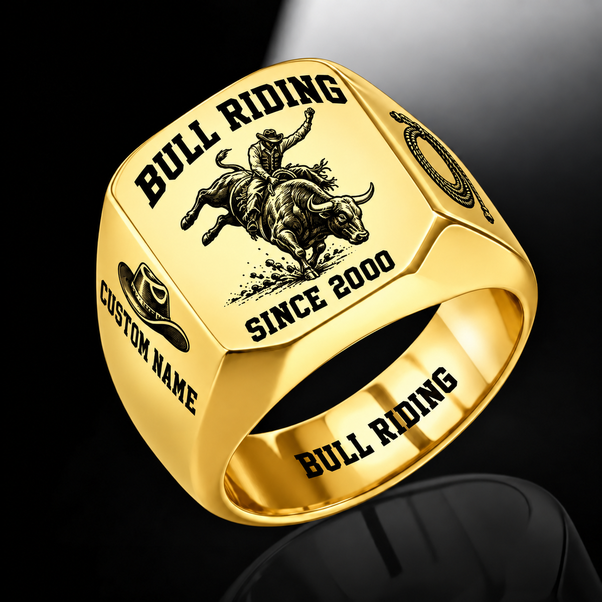 Bull Riding Bold Lettering ring in Gold, showing CUSTOM NAME and SINCE 2000