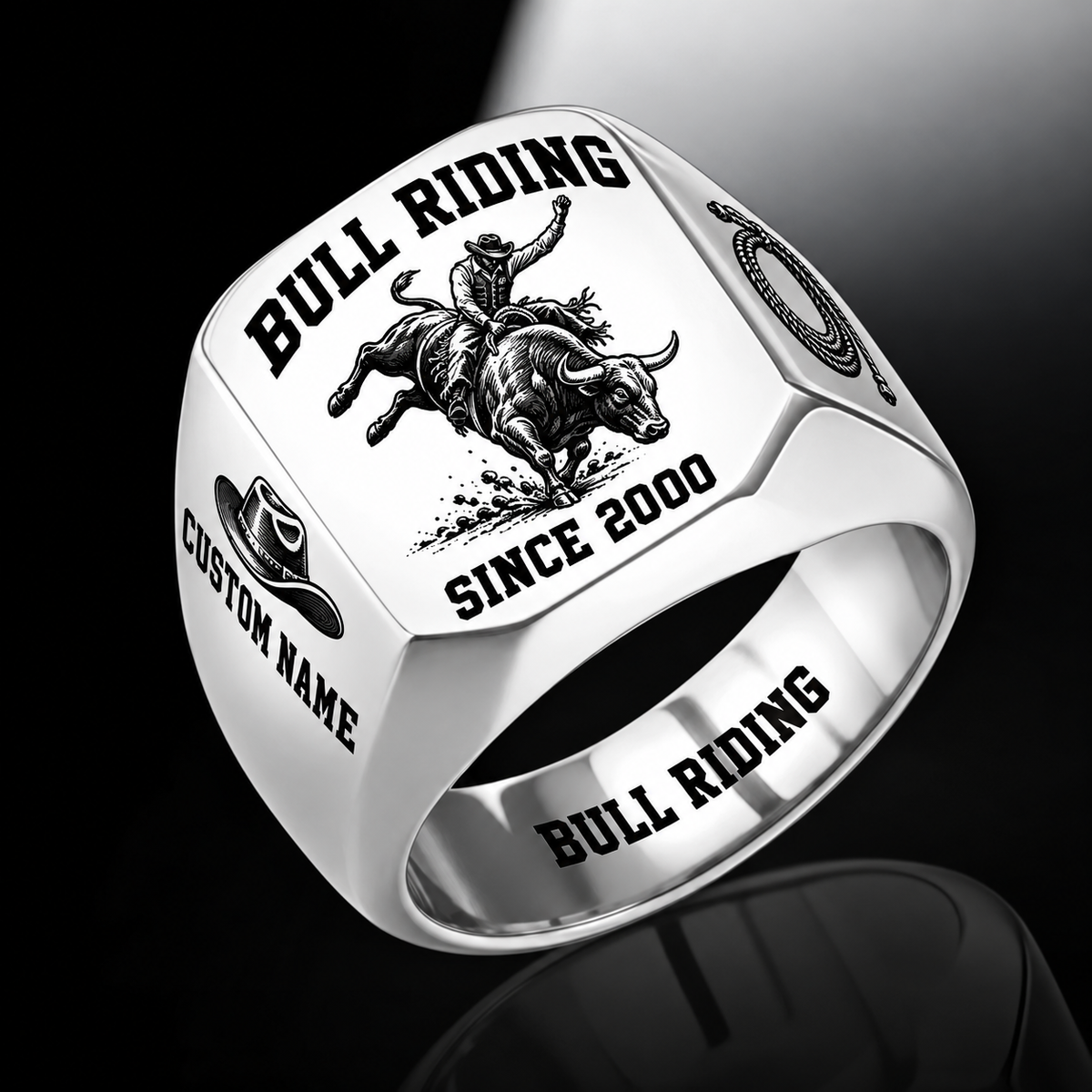 Bull Riding Bold Lettering ring in Silver, showing CUSTOM NAME and SINCE 2000