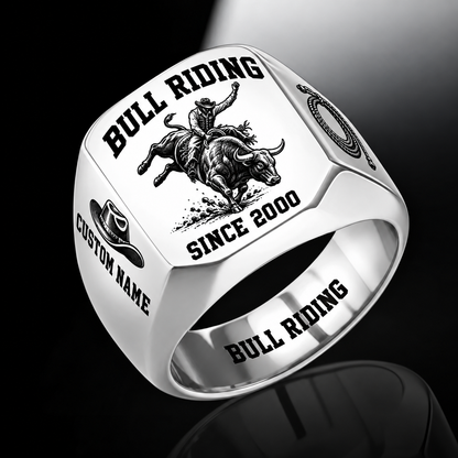 Bull Riding Bold Lettering ring in Silver, showing CUSTOM NAME and SINCE 2000