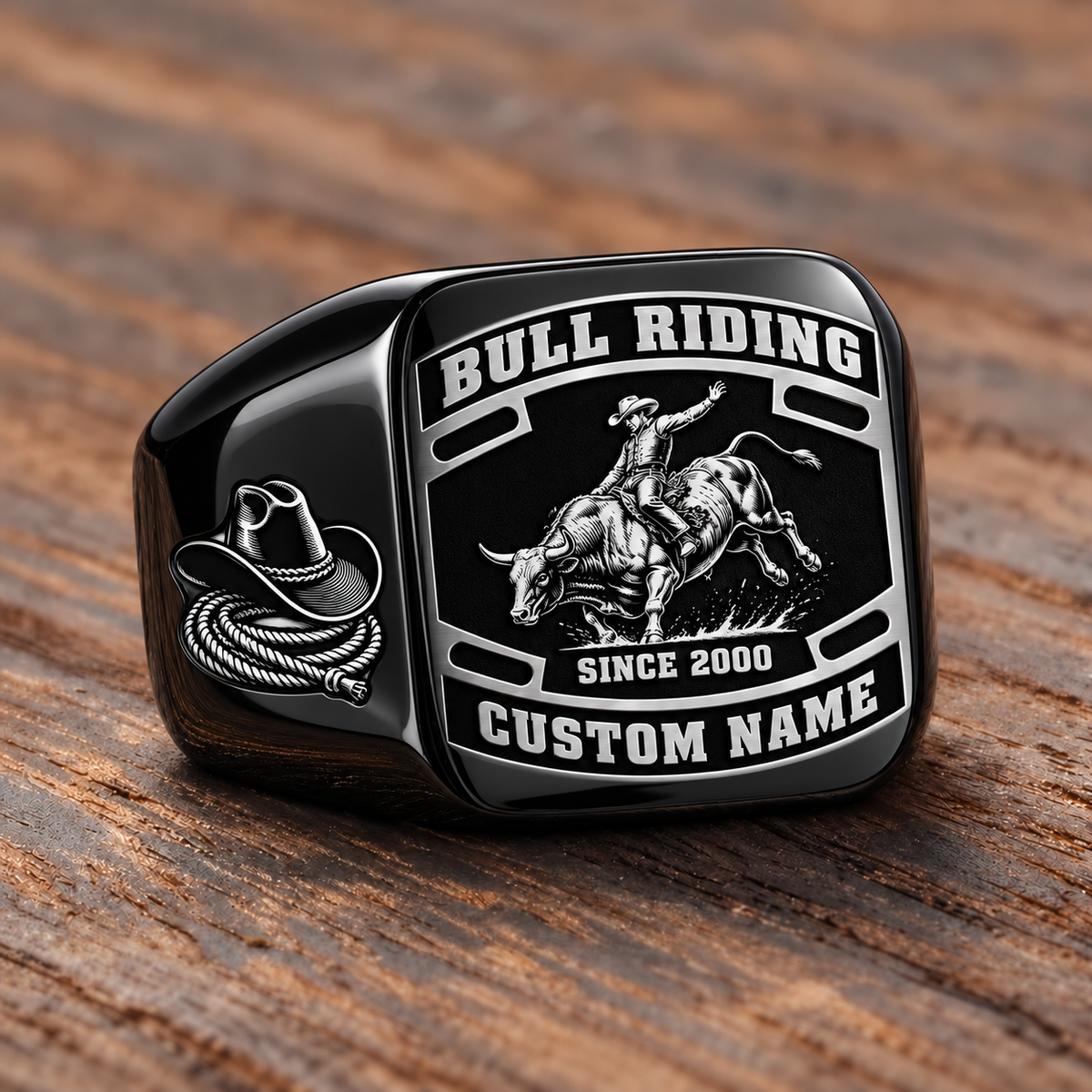 Bull Riding Black Face Badge ring in Black, showing CUSTOM NAME and SINCE 2000
