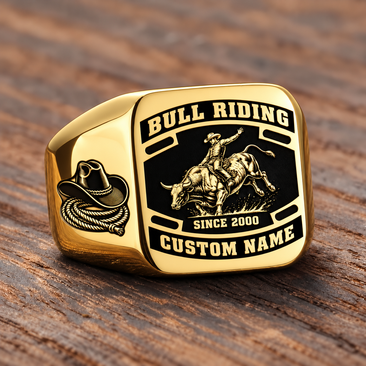 Bull Riding Black Face Badge ring in Gold, showing CUSTOM NAME and SINCE 2000